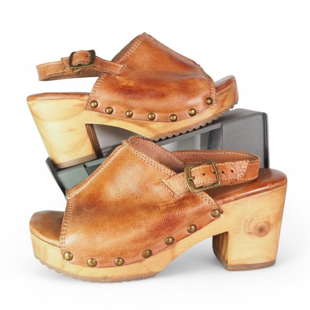 Bed Stu Tan Leather Clogs with Wooden Heel and Studded Accents
